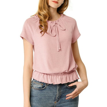 Women O-Neck Short Sleeve Vintage Layered Ruffle Hem Fit Blouse Shirt Top J 